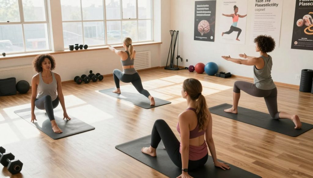 A bright, airy gym space emphasizing physical exercise to enhance brain plasticity. In the foreground, a diverse group of three individuals engaging in various exercises, such as yoga, balance training, and strength workouts, all in professional athletic wear that reflects a focus on health. The middle ground showcases exercise mats, weights, and equipment, with motivational posters on the walls promoting neuroplasticity. The background features large windows allowing natural sunlight to stream in, creating a warm and inviting atmosphere. The scene is captured from a slightly elevated angle to highlight the movement and engagement of the individuals, evoking a sense of energy and focus, essential for strengthening brain function through physical activity. A bright, airy gym space emphasizing physical exercise to enhance brain plasticity. In the foreground, a diverse group of three individuals engaging in various exercises, such as yoga, balance training, and strength workouts, all in professional athletic wear that reflects a focus on health. The middle ground showcases exercise mats, weights, and equipment, with motivational posters on the walls promoting neuroplasticity. The background features large windows allowing natural sunlight to stream in, creating a warm and inviting atmosphere. The scene is captured from a slightly elevated angle to highlight the movement and engagement of the individuals, evoking a sense of energy and focus, essential for strengthening brain function through physical activity.