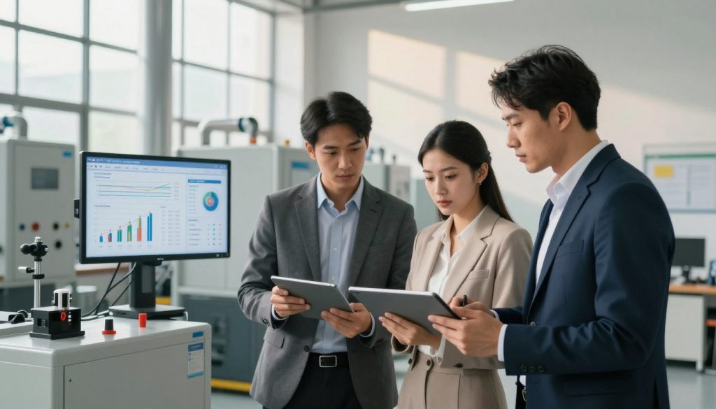 A detailed energy audit process in a modern industrial facility. In the foreground, a diverse team of three professionals dressed in smart business attire examines energy usage data on digital tablets, focused and engaged. In the middle ground, energy-efficient equipment and machinery are visible, alongside charts and graphs illustrating energy consumption. The background features large windows allowing natural light to fill the room, enhancing a bright and innovative atmosphere. Soft sunlight casts gentle shadows on the walls, highlighting the team's collaborative spirit. The setting conveys seriousness and professionalism, reflecting the importance of the energy audit in achieving sustainability and cost savings. Ensure the image has a clear focus with depth of field to emphasize the audit process. A detailed energy audit process in a modern industrial facility. In the foreground, a diverse team of three professionals dressed in smart business attire examines energy usage data on digital tablets, focused and engaged. In the middle ground, energy-efficient equipment and machinery are visible, alongside charts and graphs illustrating energy consumption. The background features large windows allowing natural light to fill the room, enhancing a bright and innovative atmosphere. Soft sunlight casts gentle shadows on the walls, highlighting the team's collaborative spirit. The setting conveys seriousness and professionalism, reflecting the importance of the energy audit in achieving sustainability and cost savings. Ensure the image has a clear focus with depth of field to emphasize the audit process.