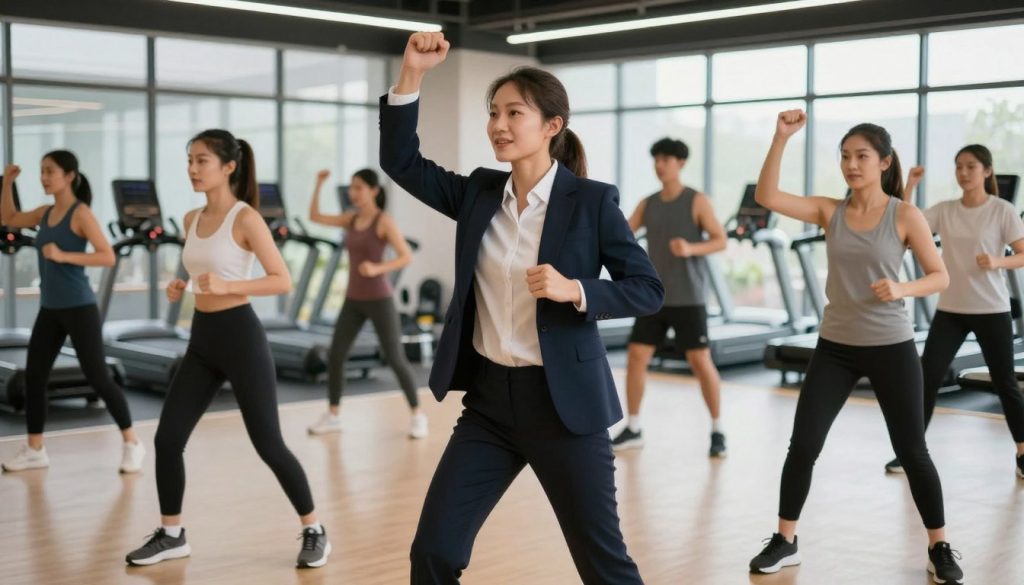 A dynamic and vibrant scene illustrating metabolic rate enhancement. In the foreground, a fit individual in professional business attire is energetically engaged in a group exercise class in a modern gym environment. They are surrounded by diverse participants, all radiating enthusiasm and determination. The middle layer showcases fitness equipment like weights and cardio machines, with clear emphasis on movement and energy. The background features large windows allowing natural light to flood in, creating an uplifting and motivating atmosphere. Soft, warm lighting enhances the overall feel, emphasizing the focus on health and activity. The image conveys a sense of positivity and empowerment, symbolizing the lifestyle factors that contribute to improved metabolic function. A dynamic and vibrant scene illustrating metabolic rate enhancement. In the foreground, a fit individual in professional business attire is energetically engaged in a group exercise class in a modern gym environment. They are surrounded by diverse participants, all radiating enthusiasm and determination. The middle layer showcases fitness equipment like weights and cardio machines, with clear emphasis on movement and energy. The background features large windows allowing natural light to flood in, creating an uplifting and motivating atmosphere. Soft, warm lighting enhances the overall feel, emphasizing the focus on health and activity. The image conveys a sense of positivity and empowerment, symbolizing the lifestyle factors that contribute to improved metabolic function.
