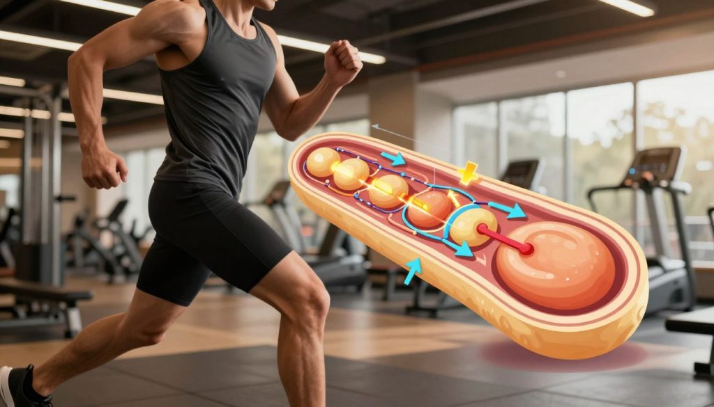 A dynamic illustration of the fat burning process, focusing on the biochemical transformations occurring in the body. In the foreground, a healthy, fit individual dressed in professional athletic attire is exercising, showcasing fluid, energetic movement. The middle ground features a stylized, colorful representation of fat cells being broken down into energy, with arrows indicating the metabolic pathways and energy release. The background should depict a softly lit gym environment to evoke a sense of motivation and vitality. Use warm, inviting lighting to enhance the atmosphere of determination and health. The angle should be slightly elevated, capturing the action and the intricate details of the process, emphasizing the power of adaptation in the body. A dynamic illustration of the fat burning process, focusing on the biochemical transformations occurring in the body. In the foreground, a healthy, fit individual dressed in professional athletic attire is exercising, showcasing fluid, energetic movement. The middle ground features a stylized, colorful representation of fat cells being broken down into energy, with arrows indicating the metabolic pathways and energy release. The background should depict a softly lit gym environment to evoke a sense of motivation and vitality. Use warm, inviting lighting to enhance the atmosphere of determination and health. The angle should be slightly elevated, capturing the action and the intricate details of the process, emphasizing the power of adaptation in the body.