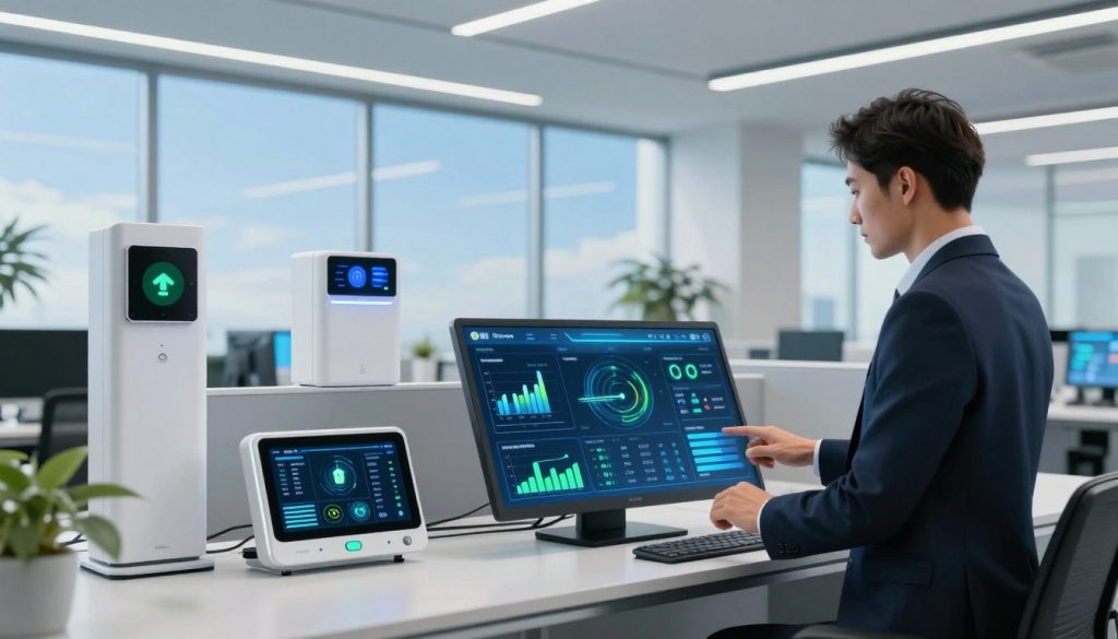 A futuristic office environment featuring an advanced intelligent power management control system. In the foreground, sleek digital interfaces with touchscreens display energy usage statistics and optimization algorithms. A professional individual in smart business attire interacts with the controls, analyzing real-time data on energy flow. The middle ground showcases energy-efficient devices, such as smart thermostats and automated lighting systems, seamlessly integrated into the workspace. In the background, large windows reveal a clear blue sky, symbolizing sustainability, while natural light softly illuminates the scene. The atmosphere is modern and innovative, reflecting a commitment to structured energy systems, with cool blue and green tones enhancing the technologically advanced ambiance. The composition should be captured from an eye-level angle, emphasizing the interaction with the power management system. A futuristic office environment featuring an advanced intelligent power management control system. In the foreground, sleek digital interfaces with touchscreens display energy usage statistics and optimization algorithms. A professional individual in smart business attire interacts with the controls, analyzing real-time data on energy flow. The middle ground showcases energy-efficient devices, such as smart thermostats and automated lighting systems, seamlessly integrated into the workspace. In the background, large windows reveal a clear blue sky, symbolizing sustainability, while natural light softly illuminates the scene. The atmosphere is modern and innovative, reflecting a commitment to structured energy systems, with cool blue and green tones enhancing the technologically advanced ambiance. The composition should be captured from an eye-level angle, emphasizing the interaction with the power management system.
