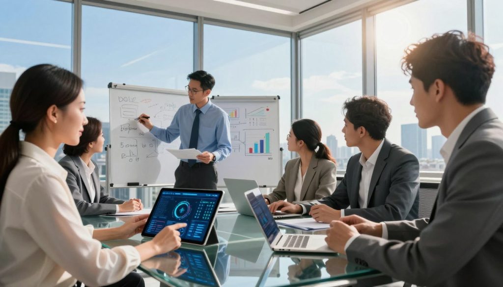 A futuristic office setting, showcasing a diverse group of professionals in smart business attire, engaged in a brainstorming session around a sleek glass table. In the foreground, a woman presents a digital performance dashboard on a tablet, her expression focused and confident. In the middle, a man jots down ideas on a digital whiteboard, while another team member analyzes data on a laptop, highlighting collaboration and strategic thinking. In the background, large windows offer a panoramic view of a vibrant cityscape under clear blue skies, symbolizing growth and potential. Soft, warm lighting creates an inviting atmosphere, with a slight lens flare to enhance the inspiring mood. The angle is slightly elevated, framing the team as they work collectively towards optimal performance and innovation. A futuristic office setting, showcasing a diverse group of professionals in smart business attire, engaged in a brainstorming session around a sleek glass table. In the foreground, a woman presents a digital performance dashboard on a tablet, her expression focused and confident. In the middle, a man jots down ideas on a digital whiteboard, while another team member analyzes data on a laptop, highlighting collaboration and strategic thinking. In the background, large windows offer a panoramic view of a vibrant cityscape under clear blue skies, symbolizing growth and potential. Soft, warm lighting creates an inviting atmosphere, with a slight lens flare to enhance the inspiring mood. The angle is slightly elevated, framing the team as they work collectively towards optimal performance and innovation.