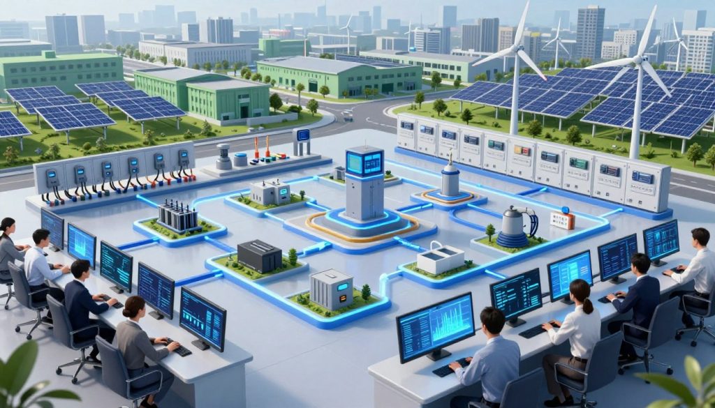 A highly detailed illustration of a structured energy management system, showcasing an interconnected network of energy sources, smart meters, and control panels. In the foreground, a sleek, modern control room with professionals in business attire analyzing data on large screens, illuminated by soft blue and white lighting. In the middle ground, a schematic representation of energy flow, with arrows and icons indicating renewable sources like solar panels and wind turbines, alongside traditional energy sources. In the background, a cityscape that highlights efficient energy use, featuring green buildings with solar roofs. The overall atmosphere should be one of innovation and efficiency, using a wide-angle lens to emphasize the complexity and unity of the system. A highly detailed illustration of a structured energy management system, showcasing an interconnected network of energy sources, smart meters, and control panels. In the foreground, a sleek, modern control room with professionals in business attire analyzing data on large screens, illuminated by soft blue and white lighting. In the middle ground, a schematic representation of energy flow, with arrows and icons indicating renewable sources like solar panels and wind turbines, alongside traditional energy sources. In the background, a cityscape that highlights efficient energy use, featuring green buildings with solar roofs. The overall atmosphere should be one of innovation and efficiency, using a wide-angle lens to emphasize the complexity and unity of the system.