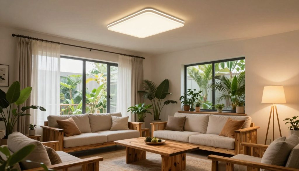 A modern living room designed for energy efficiency, featuring sleek, energy-efficient LED light fixtures illuminating the space. In the foreground, a stylish floor lamp with warm light casts a cozy glow on a wooden coffee table surrounded by sustainable furniture made from reclaimed materials. In the middle ground, large windows allow natural light to flood the room, adorned with sheer curtains that enhance the brightness while preserving privacy. The background features indoor plants thriving in the sunlight, emphasizing a connection to nature. The atmosphere is inviting and serene, capturing a blend of contemporary design and eco-friendliness, shot from a slightly elevated angle to show the entirety of the room, with soft, diffused lighting for a warm ambiance. A modern living room designed for energy efficiency, featuring sleek, energy-efficient LED light fixtures illuminating the space. In the foreground, a stylish floor lamp with warm light casts a cozy glow on a wooden coffee table surrounded by sustainable furniture made from reclaimed materials. In the middle ground, large windows allow natural light to flood the room, adorned with sheer curtains that enhance the brightness while preserving privacy. The background features indoor plants thriving in the sunlight, emphasizing a connection to nature. The atmosphere is inviting and serene, capturing a blend of contemporary design and eco-friendliness, shot from a slightly elevated angle to show the entirety of the room, with soft, diffused lighting for a warm ambiance.