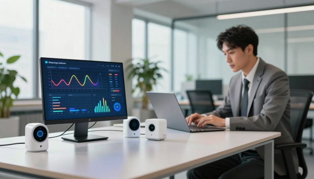 A modern office environment featuring advanced energy monitoring tools in action. In the foreground, a sleek digital dashboard displaying real-time energy consumption data, with colorful graphs and indicators. A variety of smart sensors and energy meters are neatly arranged on a desk, reflecting high technology and innovation. In the middle ground, a professional individual in business attire is analyzing the data on a laptop, showing engaged focus. The background reveals a bright, airy office with large windows allowing natural light to flood in, plants adding a touch of greenery. The overall mood is one of productivity and forward-thinking, enhanced by soft, diffused lighting that creates a welcoming atmosphere, captured with a wide-angle lens to emphasize the workspace. A modern office environment featuring advanced energy monitoring tools in action. In the foreground, a sleek digital dashboard displaying real-time energy consumption data, with colorful graphs and indicators. A variety of smart sensors and energy meters are neatly arranged on a desk, reflecting high technology and innovation. In the middle ground, a professional individual in business attire is analyzing the data on a laptop, showing engaged focus. The background reveals a bright, airy office with large windows allowing natural light to flood in, plants adding a touch of greenery. The overall mood is one of productivity and forward-thinking, enhanced by soft, diffused lighting that creates a welcoming atmosphere, captured with a wide-angle lens to emphasize the workspace.