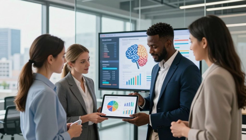 A modern, sleek office environment with a glass wall overlooking a city skyline. In the foreground, a diverse group of three professionals—one Caucasian woman, one African American man, and one Hispanic woman—are engaged in discussion while examining colorful charts and graphs on a tablet, depicting trends in cognitive function improvement. The middle ground includes a large digital screen displaying data visualizations and mind maps related to cognitive progress. The background features bright, natural lighting streaming in from large windows, softening the space and creating a productive atmosphere. The overall mood is focused and optimistic, emphasizing ambition and collaboration in personal development. The professionals are dressed in smart business attire, reflecting a tone of professionalism and dedication. A modern, sleek office environment with a glass wall overlooking a city skyline. In the foreground, a diverse group of three professionals—one Caucasian woman, one African American man, and one Hispanic woman—are engaged in discussion while examining colorful charts and graphs on a tablet, depicting trends in cognitive function improvement. The middle ground includes a large digital screen displaying data visualizations and mind maps related to cognitive progress. The background features bright, natural lighting streaming in from large windows, softening the space and creating a productive atmosphere. The overall mood is focused and optimistic, emphasizing ambition and collaboration in personal development. The professionals are dressed in smart business attire, reflecting a tone of professionalism and dedication.