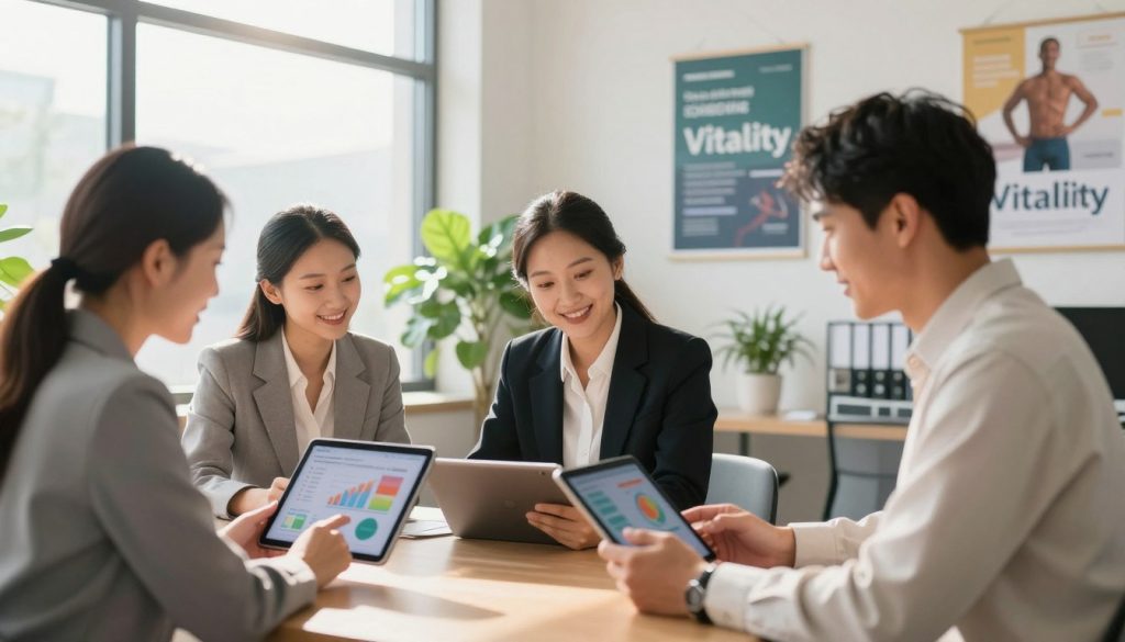 A modern, visually striking vitality assessment scene in a well-lit, professional office environment. In the foreground, a diverse group of three individuals, dressed in smart professional attire, engaging with digital tablets displaying colorful graphs and analytics. They appear focused and collaborative, embodying vitality and optimism. The middle ground features a large window with natural sunlight pouring in, illuminating green indoor plants, symbolizing health and growth. The background showcases motivational posters about vitality and wellness. The overall mood is energetic and inspiring, with a clean, sophisticated aesthetic. The lighting is bright and warm, emphasizing a hopeful atmosphere for personal growth and assessment. A modern, visually striking vitality assessment scene in a well-lit, professional office environment. In the foreground, a diverse group of three individuals, dressed in smart professional attire, engaging with digital tablets displaying colorful graphs and analytics. They appear focused and collaborative, embodying vitality and optimism. The middle ground features a large window with natural sunlight pouring in, illuminating green indoor plants, symbolizing health and growth. The background showcases motivational posters about vitality and wellness. The overall mood is energetic and inspiring, with a clean, sophisticated aesthetic. The lighting is bright and warm, emphasizing a hopeful atmosphere for personal growth and assessment.