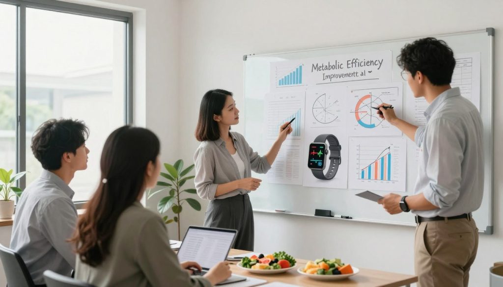 A modern workspace featuring a detailed metabolic efficiency improvement plan on a large whiteboard. In the foreground, a diverse group of three professionals, dressed in smart casual attire, collaborates intensely over charts and graphs, showcasing data-driven strategies for enhancing metabolism. The middle ground includes fitness-related imagery, like a smartwatch tracking heart rate and a plate of balanced meals representing nutrition. The background reveals a large window with natural light flooding in, creating a warm, inviting atmosphere. Use a wide-angle lens to capture the depth of the workspace, with soft, focused lighting that enhances the positive mood of teamwork and innovation, symbolizing a journey toward better health and metabolic efficiency. A modern workspace featuring a detailed metabolic efficiency improvement plan on a large whiteboard. In the foreground, a diverse group of three professionals, dressed in smart casual attire, collaborates intensely over charts and graphs, showcasing data-driven strategies for enhancing metabolism. The middle ground includes fitness-related imagery, like a smartwatch tracking heart rate and a plate of balanced meals representing nutrition. The background reveals a large window with natural light flooding in, creating a warm, inviting atmosphere. Use a wide-angle lens to capture the depth of the workspace, with soft, focused lighting that enhances the positive mood of teamwork and innovation, symbolizing a journey toward better health and metabolic efficiency.