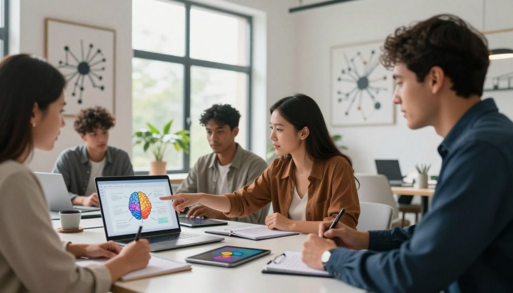 A modern workspace, featuring a sleek desk with an open laptop showcasing brain optimization software. In the foreground, a diverse group of professionals (two women and one man) in smart casual clothing, collaborating over notes and digital tablets. One woman points at a vibrant, colorful infographic illustrating brain optimization techniques, while the man takes notes. In the middle, a large window allows natural light to flood the room, creating a bright and inspiring atmosphere. On the walls, abstract art representing neural connections adds a creative touch. The background features greenery outside, symbolizing growth and enhancement. Soft, diffuse lighting highlights the subjects, casting gentle shadows and adding depth. The overall mood is focused, innovative, and positive, encouraging cognitive enhancement. A modern workspace, featuring a sleek desk with an open laptop showcasing brain optimization software. In the foreground, a diverse group of professionals (two women and one man) in smart casual clothing, collaborating over notes and digital tablets. One woman points at a vibrant, colorful infographic illustrating brain optimization techniques, while the man takes notes. In the middle, a large window allows natural light to flood the room, creating a bright and inspiring atmosphere. On the walls, abstract art representing neural connections adds a creative touch. The background features greenery outside, symbolizing growth and enhancement. Soft, diffuse lighting highlights the subjects, casting gentle shadows and adding depth. The overall mood is focused, innovative, and positive, encouraging cognitive enhancement.