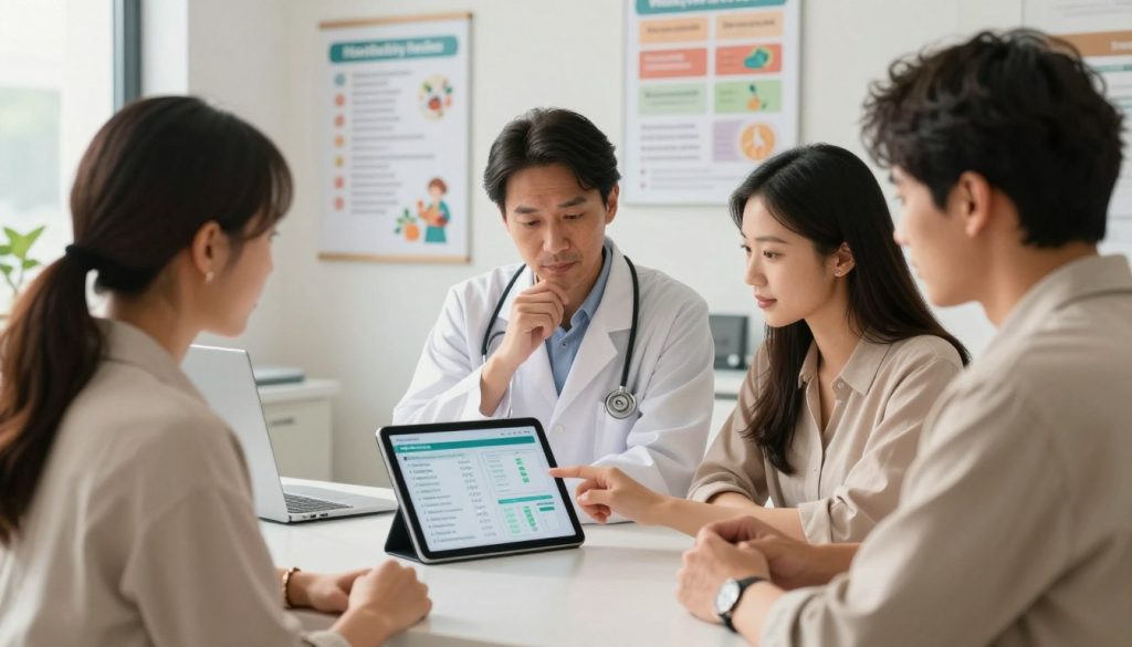 A professional, modern clinic setting focused on metabolic health assessment. In the foreground, a diverse group of three individuals (one male and two females) in smart casual attire are engaged around a sleek digital tablet showing metabolic health data. The middle ground features a healthcare professional, wearing a lab coat, pointing to the tablet with a thoughtful expression. In the background, a wall displays posters about healthy metabolism and lifestyle choices. Soft, natural lighting casts a warm glow throughout the space, enhancing the inviting atmosphere. The angle is slightly elevated to capture all subjects and displays, emphasizing the collaboration in assessing current metabolic health. The overall mood is informative and encouraging, promoting a journey towards better health. A professional, modern clinic setting focused on metabolic health assessment. In the foreground, a diverse group of three individuals (one male and two females) in smart casual attire are engaged around a sleek digital tablet showing metabolic health data. The middle ground features a healthcare professional, wearing a lab coat, pointing to the tablet with a thoughtful expression. In the background, a wall displays posters about healthy metabolism and lifestyle choices. Soft, natural lighting casts a warm glow throughout the space, enhancing the inviting atmosphere. The angle is slightly elevated to capture all subjects and displays, emphasizing the collaboration in assessing current metabolic health. The overall mood is informative and encouraging, promoting a journey towards better health.