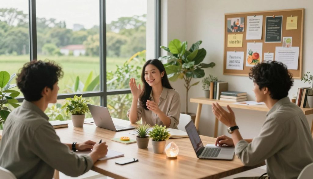 A serene and inspiring workspace dedicated to vitality optimization. In the foreground, a diverse group of three professionals—two men and one woman—are engaged in a dynamic brainstorming session, dressed in smart casual attire. The middle layer features a modern desk adorned with vibrant plants, wellness books, and a glowing crystal. In the background, large windows bathe the room in warm, natural light, overlooking a lush, green landscape. A vision board filled with motivational quotes and images of healthy lifestyles adds a touch of creativity. The overall atmosphere is uplifting and harmonious, with soft, diffused lighting enhancing the feeling of mental and emotional clarity, symbolizing the enhancement of vitality and well-being. A serene and inspiring workspace dedicated to vitality optimization. In the foreground, a diverse group of three professionals—two men and one woman—are engaged in a dynamic brainstorming session, dressed in smart casual attire. The middle layer features a modern desk adorned with vibrant plants, wellness books, and a glowing crystal. In the background, large windows bathe the room in warm, natural light, overlooking a lush, green landscape. A vision board filled with motivational quotes and images of healthy lifestyles adds a touch of creativity. The overall atmosphere is uplifting and harmonious, with soft, diffused lighting enhancing the feeling of mental and emotional clarity, symbolizing the enhancement of vitality and well-being.