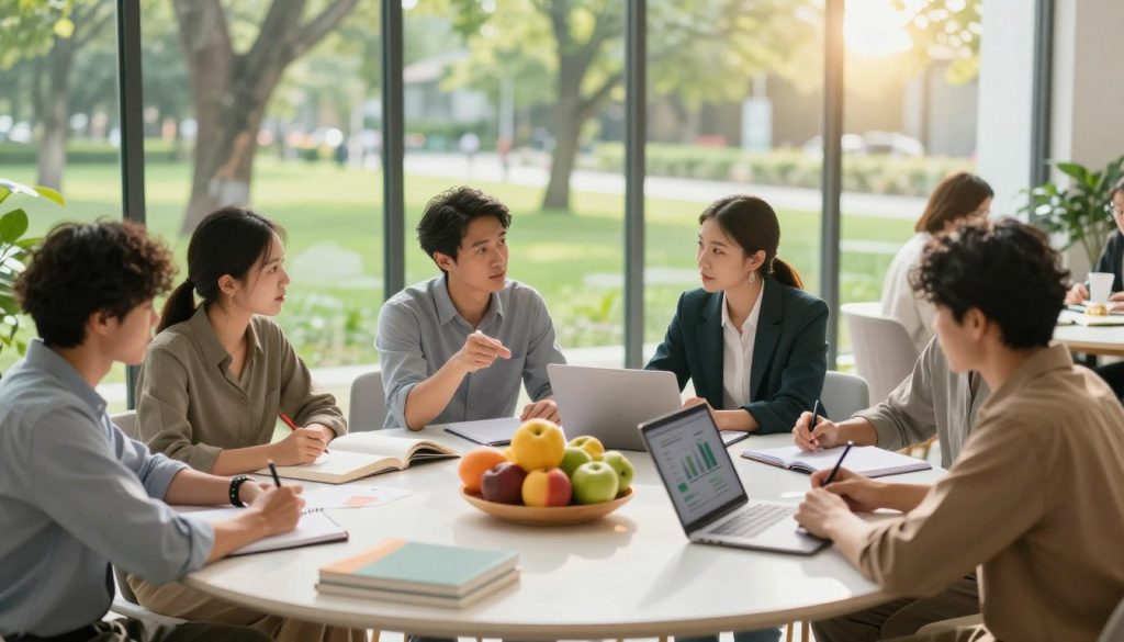 A serene and inspiring workspace filled with natural light, where a diverse group of professionals (in smart casual attire) engage in brainstorming vitality enhancement strategies together. In the foreground, a round table is covered with health-related books, vibrant fruits, and a laptop displaying wellness graphs. In the middle, a couple of individuals animatedly discussing while others jot down ideas on notepads. In the background, large windows showcase a lush green park, symbolizing rejuvenation and growth, with sunlight streaming in, casting warm shadows. The atmosphere is collaborative and uplifting, embodying a sense of optimism and proactive energy. The image should evoke motivation and a sense of purposeful living, captured from a slight overhead angle with soft focus on the background elements to draw attention to the teamwork at hand. A serene and inspiring workspace filled with natural light, where a diverse group of professionals (in smart casual attire) engage in brainstorming vitality enhancement strategies together. In the foreground, a round table is covered with health-related books, vibrant fruits, and a laptop displaying wellness graphs. In the middle, a couple of individuals animatedly discussing while others jot down ideas on notepads. In the background, large windows showcase a lush green park, symbolizing rejuvenation and growth, with sunlight streaming in, casting warm shadows. The atmosphere is collaborative and uplifting, embodying a sense of optimism and proactive energy. The image should evoke motivation and a sense of purposeful living, captured from a slight overhead angle with soft focus on the background elements to draw attention to the teamwork at hand.