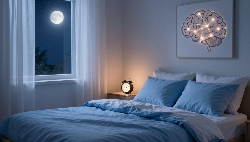 A serene bedroom environment bathed in soft, calming lighting, designed to convey a sense of tranquility. In the foreground, a cozy bed with neatly arranged pillows and a soothing blue blanket, suggesting a perfect sleep setting. A bedside table holds a small, glowing alarm clock, indicating a healthy sleep schedule. In the middle, a window reveals a starry night sky, symbolizing restful sleep; gentle moonlight filters through sheer curtains, creating a peaceful ambiance. In the background, a brain-shaped artwork on the wall subtly illustrates the concept of neuroplasticity, adorned with connections highlighted in soft light. The mood is tranquil and inviting, perfect for promoting optimal sleep to enhance synaptic connections in the brain, creating an inspiring atmosphere for personal growth and success. A serene bedroom environment bathed in soft, calming lighting, designed to convey a sense of tranquility. In the foreground, a cozy bed with neatly arranged pillows and a soothing blue blanket, suggesting a perfect sleep setting. A bedside table holds a small, glowing alarm clock, indicating a healthy sleep schedule. In the middle, a window reveals a starry night sky, symbolizing restful sleep; gentle moonlight filters through sheer curtains, creating a peaceful ambiance. In the background, a brain-shaped artwork on the wall subtly illustrates the concept of neuroplasticity, adorned with connections highlighted in soft light. The mood is tranquil and inviting, perfect for promoting optimal sleep to enhance synaptic connections in the brain, creating an inspiring atmosphere for personal growth and success.