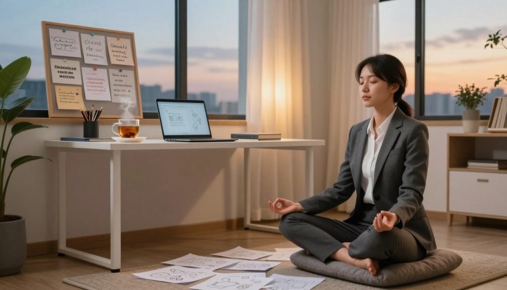 A serene evening scene in a cozy, well-lit home office, emphasizing mental focus techniques. In the foreground, a person dressed in professional business attire sits cross-legged on a comfortable floor cushion, meditating with closed eyes, surrounded by scattered notes filled with ideas and sketches. In the middle, a neatly organized desk with an open laptop, a steaming cup of herbal tea, and motivational quotes displayed on a stylish wall board. The background features a large window revealing a calming twilight sky, with soft, golden light filtering through sheer curtains, creating a peaceful atmosphere. The overall mood is tranquil yet energizing, reflecting preparation for the next day. Shot with a soft focus lens, emphasizing warmth and clarity. A serene evening scene in a cozy, well-lit home office, emphasizing mental focus techniques. In the foreground, a person dressed in professional business attire sits cross-legged on a comfortable floor cushion, meditating with closed eyes, surrounded by scattered notes filled with ideas and sketches. In the middle, a neatly organized desk with an open laptop, a steaming cup of herbal tea, and motivational quotes displayed on a stylish wall board. The background features a large window revealing a calming twilight sky, with soft, golden light filtering through sheer curtains, creating a peaceful atmosphere. The overall mood is tranquil yet energizing, reflecting preparation for the next day. Shot with a soft focus lens, emphasizing warmth and clarity.