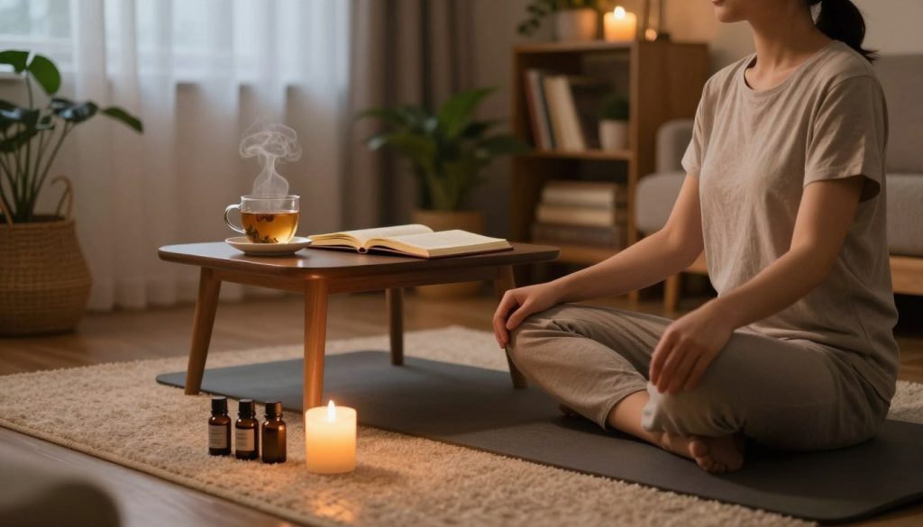 A serene evening wellness ritual scene bathed in warm, ambient lighting. In the foreground, a cozy nook features a plush yoga mat, essential oils arranged thoughtfully, and a softly glowing candle. A person in modest, casual clothing sits cross-legged, eyes closed in meditation, embodying tranquility. In the middle ground, a small table displays a steaming cup of herbal tea and an open wellness journal, inviting reflection. The background reveals a softly lit room with plants, shelves filled with wellness books, and sheer curtains filtering the evening light, creating an atmosphere of calm and restoration. The overall mood is peaceful and rejuvenating, perfect for recharging after a long day. A wide-angle view captures both the intimacy of the foreground and the inviting ambiance of the surroundings. A serene evening wellness ritual scene bathed in warm, ambient lighting. In the foreground, a cozy nook features a plush yoga mat, essential oils arranged thoughtfully, and a softly glowing candle. A person in modest, casual clothing sits cross-legged, eyes closed in meditation, embodying tranquility. In the middle ground, a small table displays a steaming cup of herbal tea and an open wellness journal, inviting reflection. The background reveals a softly lit room with plants, shelves filled with wellness books, and sheer curtains filtering the evening light, creating an atmosphere of calm and restoration. The overall mood is peaceful and rejuvenating, perfect for recharging after a long day. A wide-angle view captures both the intimacy of the foreground and the inviting ambiance of the surroundings.