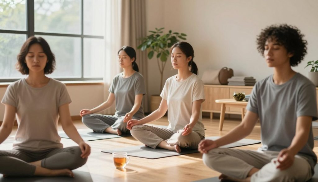 A serene indoor meditation space with soft, natural lighting filtering through large windows, casting gentle shadows. In the foreground, a diverse group of three individuals in modest casual clothing practices mindfulness, seated comfortably on yoga mats, deep in meditation. One person has their hands resting on their knees, another gazes softly with eyes closed, and the third engages in a gentle breathing exercise. In the middle ground, a tranquil indoor plant adds a touch of nature, while a small table holds a cup of herbal tea. The background features warm, inviting colors, including light wood and soft textiles, creating a calm and peaceful atmosphere. The image conveys a sense of focus, tranquility, and personal growth, ideal for illustrating mindfulness as a mental fitness habit. A serene indoor meditation space with soft, natural lighting filtering through large windows, casting gentle shadows. In the foreground, a diverse group of three individuals in modest casual clothing practices mindfulness, seated comfortably on yoga mats, deep in meditation. One person has their hands resting on their knees, another gazes softly with eyes closed, and the third engages in a gentle breathing exercise. In the middle ground, a tranquil indoor plant adds a touch of nature, while a small table holds a cup of herbal tea. The background features warm, inviting colors, including light wood and soft textiles, creating a calm and peaceful atmosphere. The image conveys a sense of focus, tranquility, and personal growth, ideal for illustrating mindfulness as a mental fitness habit.