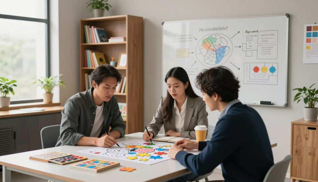 A serene indoor setting designed for brain training activities, featuring a modern workspace with a sleek desk, bookshelves filled with colorful educational materials, and a large window allowing soft natural light to flood the room. In the foreground, a group of three professionals—two men and one woman—engaged in focused discussions over a mind map and puzzle pieces on the desk, all dressed in professional attire. The middle-ground showcases a whiteboard filled with diagrams illustrating neuroplasticity concepts, alongside cognitive games and tools. In the background, plant life adds a touch of greenery, enhancing the atmosphere of growth and learning. The lighting is warm and inviting, evoking a mood of concentration and motivation, while the angle captures the dynamic interaction of collaborative learning. A serene indoor setting designed for brain training activities, featuring a modern workspace with a sleek desk, bookshelves filled with colorful educational materials, and a large window allowing soft natural light to flood the room. In the foreground, a group of three professionals—two men and one woman—engaged in focused discussions over a mind map and puzzle pieces on the desk, all dressed in professional attire. The middle-ground showcases a whiteboard filled with diagrams illustrating neuroplasticity concepts, alongside cognitive games and tools. In the background, plant life adds a touch of greenery, enhancing the atmosphere of growth and learning. The lighting is warm and inviting, evoking a mood of concentration and motivation, while the angle captures the dynamic interaction of collaborative learning.