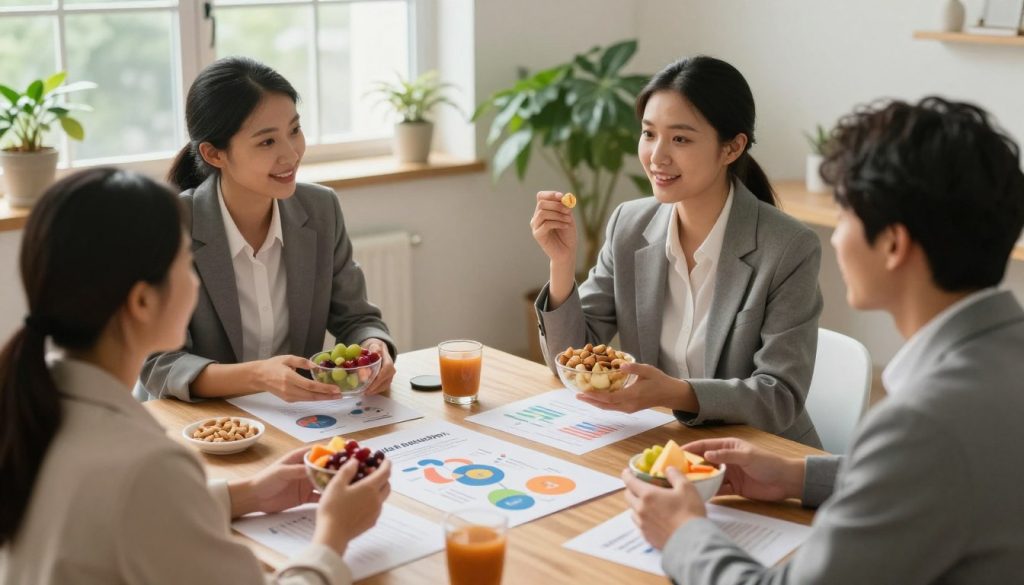A serene indoor setting focused on promoting wellness and insulin sensitivity. In the foreground, a diverse group of three individuals, dressed in professional business attire, engage in a lively conversation while holding healthy snacks like fruits and nuts. In the middle, a wooden table is topped with various visual aids, such as charts and infographics on insulin function and metabolism, depicting essential lifestyle changes. The background features a bright window with natural light streaming in, illuminating lush indoor plants, suggesting a connection to nature. The atmosphere is optimistic and motivational, embodying a commitment to health improvement. Emphasize soft, warm lighting and a slightly elevated angle to create an inviting and inspiring mood.