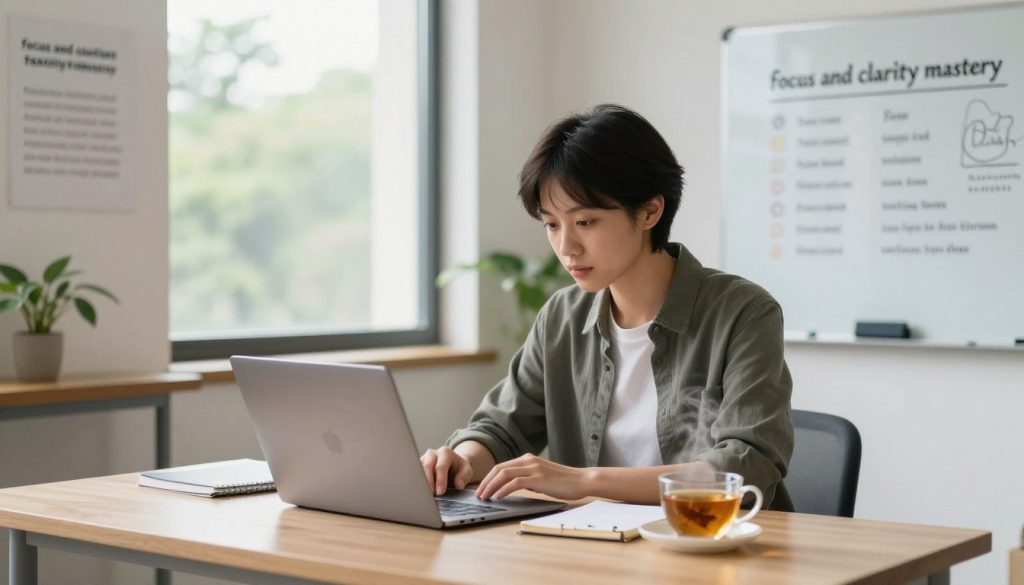 A serene indoor workspace embodying "focus and clarity mastery." In the foreground, a neatly organized desk with a sleek laptop, a notepad, and a steaming cup of herbal tea. A focused individual with short hair, dressed in smart casual attire, is deeply engaged in their work, their expression reflecting concentration and determination. In the middle ground, a large window allows soft, natural light to illuminate the scene, with greenery visible outside, symbolizing calmness and clarity. In the background, inspirational quotes on the walls and a whiteboard displaying a training program outline convey the theme of daily focus training. The overall mood is tranquil yet motivational, evoking a sense of purpose and clarity in achieving goals. A serene indoor workspace embodying "focus and clarity mastery." In the foreground, a neatly organized desk with a sleek laptop, a notepad, and a steaming cup of herbal tea. A focused individual with short hair, dressed in smart casual attire, is deeply engaged in their work, their expression reflecting concentration and determination. In the middle ground, a large window allows soft, natural light to illuminate the scene, with greenery visible outside, symbolizing calmness and clarity. In the background, inspirational quotes on the walls and a whiteboard displaying a training program outline convey the theme of daily focus training. The overall mood is tranquil yet motivational, evoking a sense of purpose and clarity in achieving goals.