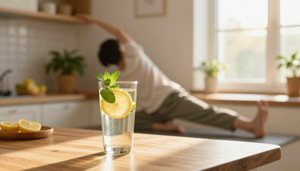 A serene morning scene depicting a hydration routine that enhances daily vitality. In the foreground, a clear glass of infused water topped with fresh lemon slices and mint leaves rests on a wooden kitchen table. In the middle ground, a person in modest casual clothing practices a gentle stretching pose, embodying relaxation and mindfulness. Sunlight pours in through a window, casting warm, golden hues that illuminate the space, creating a peaceful and uplifting atmosphere. In the background, a potted plant adds a touch of greenery, symbolizing growth and vitality, while a soft, blurred outline of healthy snacks is visible, evoking a sense of wellness. The overall mood is bright, fresh, and invigorating, inspiring a sense of motivation for a healthier daily routine. A serene morning scene depicting a hydration routine that enhances daily vitality. In the foreground, a clear glass of infused water topped with fresh lemon slices and mint leaves rests on a wooden kitchen table. In the middle ground, a person in modest casual clothing practices a gentle stretching pose, embodying relaxation and mindfulness. Sunlight pours in through a window, casting warm, golden hues that illuminate the space, creating a peaceful and uplifting atmosphere. In the background, a potted plant adds a touch of greenery, symbolizing growth and vitality, while a soft, blurred outline of healthy snacks is visible, evoking a sense of wellness. The overall mood is bright, fresh, and invigorating, inspiring a sense of motivation for a healthier daily routine.