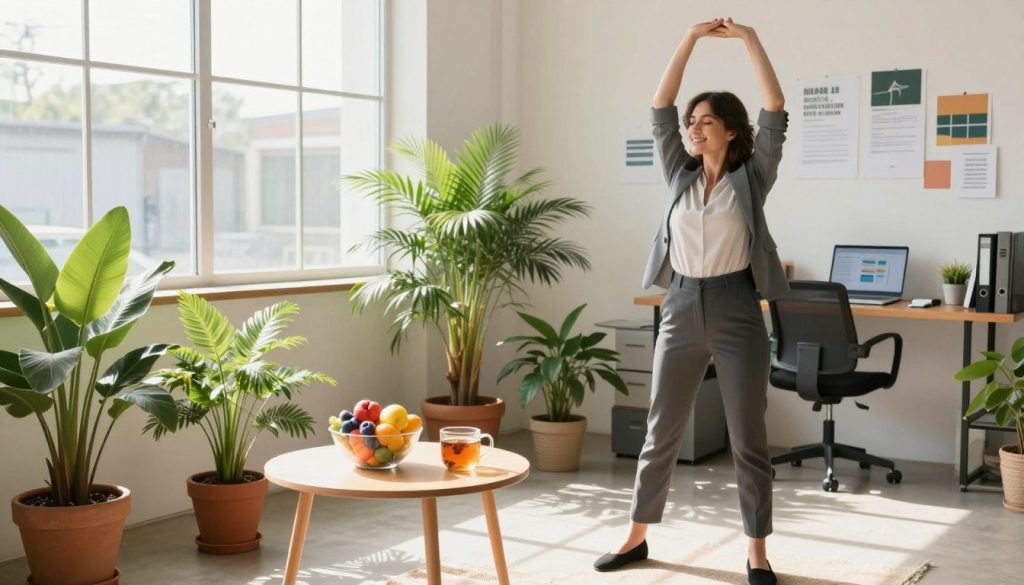 A serene office environment bathed in bright sunlight streaming through large windows, creating a warm and inviting atmosphere. In the foreground, a professional woman in smart casual attire, with a confident smile, performs a simple stretching exercise. She is surrounded by a few potted plants that add a touch of greenery. In the middle ground, a cozy corner featuring a small round table with a colorful fruit bowl and a cup of herbal tea, symbolizing healthy energy-boosting snacks. The background reveals a well-organized workspace with motivational posters and a laptop open to a productivity app. The lighting is soft yet vibrant, highlighting the sense of midday rejuvenation and vitality. The overall mood is uplifting and energetic, encouraging viewers to embrace these techniques in their daily routine. A serene office environment bathed in bright sunlight streaming through large windows, creating a warm and inviting atmosphere. In the foreground, a professional woman in smart casual attire, with a confident smile, performs a simple stretching exercise. She is surrounded by a few potted plants that add a touch of greenery. In the middle ground, a cozy corner featuring a small round table with a colorful fruit bowl and a cup of herbal tea, symbolizing healthy energy-boosting snacks. The background reveals a well-organized workspace with motivational posters and a laptop open to a productivity app. The lighting is soft yet vibrant, highlighting the sense of midday rejuvenation and vitality. The overall mood is uplifting and energetic, encouraging viewers to embrace these techniques in their daily routine.