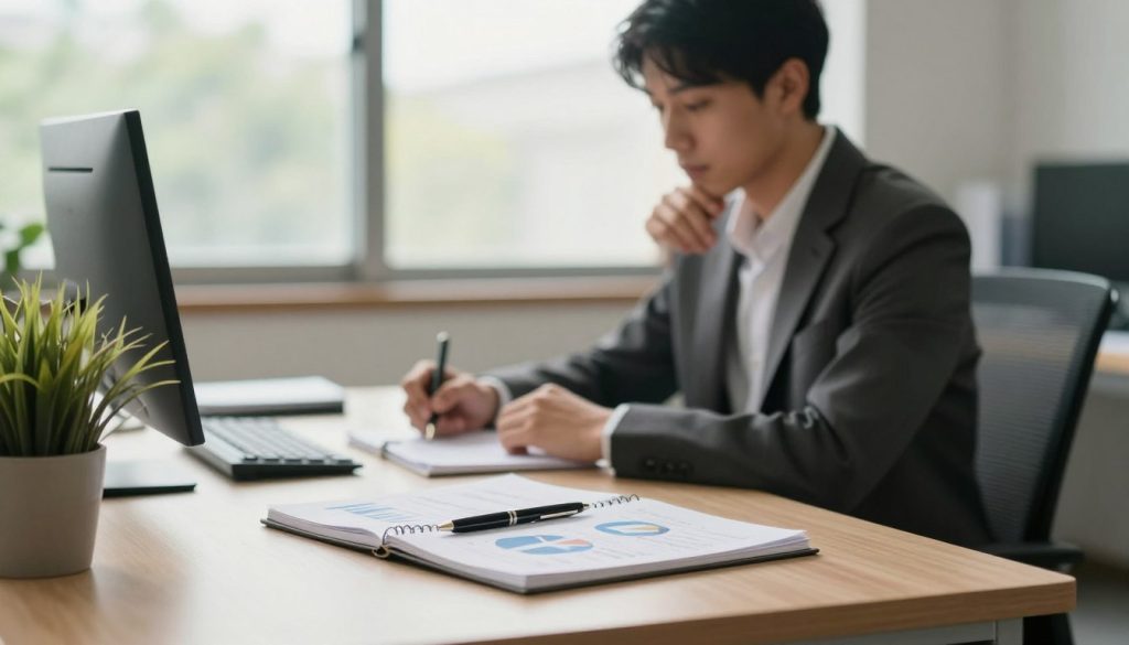 A serene office environment designed for mental stamina assessment. In the foreground, a well-organized desk features a notebook filled with charts and graphs, a stylish pen, and a calming potted plant. In the middle, a focused individual in professional business attire sits thoughtfully, taking notes and reviewing data, their expression reflective. The background shows a large window allowing soft, natural light to illuminate the space, with gentle greenery visible outside. The overall atmosphere is calm and introspective, emphasizing focus and clarity. Use a soft focus lens to create a warm, inviting glow, enhancing the feeling of productivity and mental acuity. A serene office environment designed for mental stamina assessment. In the foreground, a well-organized desk features a notebook filled with charts and graphs, a stylish pen, and a calming potted plant. In the middle, a focused individual in professional business attire sits thoughtfully, taking notes and reviewing data, their expression reflective. The background shows a large window allowing soft, natural light to illuminate the space, with gentle greenery visible outside. The overall atmosphere is calm and introspective, emphasizing focus and clarity. Use a soft focus lens to create a warm, inviting glow, enhancing the feeling of productivity and mental acuity.