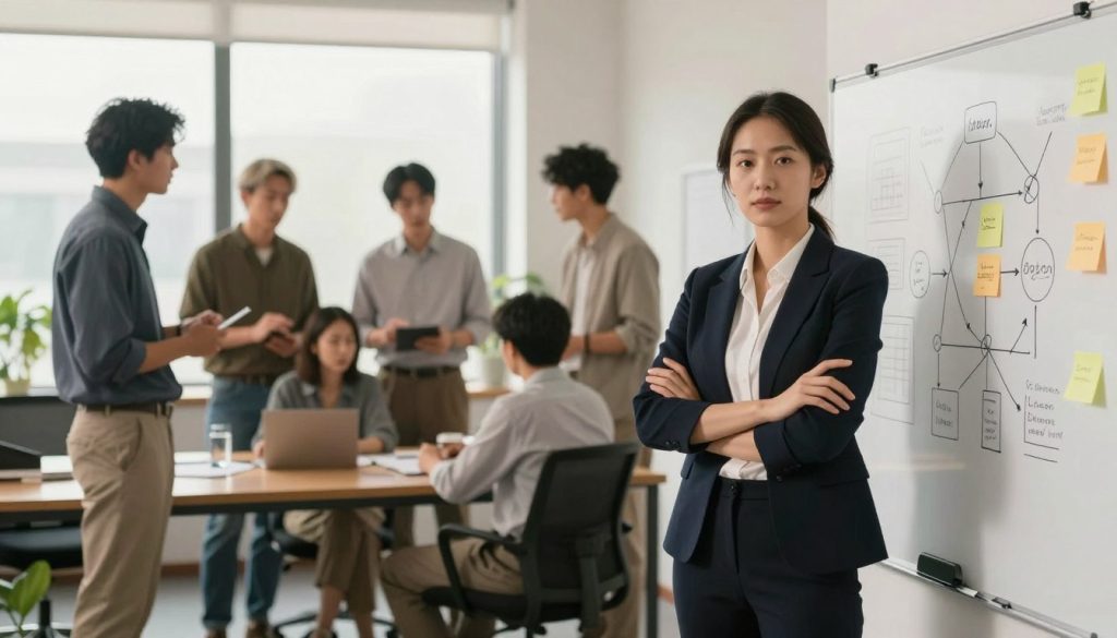 A serene office setting illustrating advanced mental toughness techniques. In the foreground, a focused professional woman with an assertive pose stands next to a whiteboard filled with diagrams of strategic techniques. She is dressed in smart business attire, exuding confidence. In the middle, a diverse group of professionals, including men and women in modest casual clothing, engages in collaborative discussions, with charts and post-it notes showcasing different mental stamina strategies. The background shows large windows letting in soft, natural light that creates a warm atmosphere, enhancing the mood of productive teamwork and empowerment. The scene captures determination and the spirit of growth, with a slight blur of soft colors to emphasize focus on the foreground. A serene office setting illustrating advanced mental toughness techniques. In the foreground, a focused professional woman with an assertive pose stands next to a whiteboard filled with diagrams of strategic techniques. She is dressed in smart business attire, exuding confidence. In the middle, a diverse group of professionals, including men and women in modest casual clothing, engages in collaborative discussions, with charts and post-it notes showcasing different mental stamina strategies. The background shows large windows letting in soft, natural light that creates a warm atmosphere, enhancing the mood of productive teamwork and empowerment. The scene captures determination and the spirit of growth, with a slight blur of soft colors to emphasize focus on the foreground.
