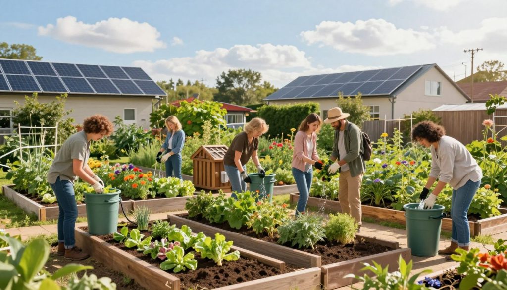 A serene, vibrant scene depicting sustainable living practices in a sunlit urban garden. In the foreground, a diverse group of individuals dressed in modest casual clothing engages in activities like planting vegetables and collecting rainwater in stylish, eco-friendly containers. The middle ground showcases a mix of raised garden beds filled with colorful herbs and flowers, accompanied by a compost bin. Lush greenery and solar panels on rooftops hint at renewable energy solutions. In the background, a clear blue sky with white clouds enhances the uplifting atmosphere. Soft, warm lighting bathes the scene, creating a peaceful and inspiring mood that embodies a high-energy lifestyle focused on sustainability and community. A serene, vibrant scene depicting sustainable living practices in a sunlit urban garden. In the foreground, a diverse group of individuals dressed in modest casual clothing engages in activities like planting vegetables and collecting rainwater in stylish, eco-friendly containers. The middle ground showcases a mix of raised garden beds filled with colorful herbs and flowers, accompanied by a compost bin. Lush greenery and solar panels on rooftops hint at renewable energy solutions. In the background, a clear blue sky with white clouds enhances the uplifting atmosphere. Soft, warm lighting bathes the scene, creating a peaceful and inspiring mood that embodies a high-energy lifestyle focused on sustainability and community.