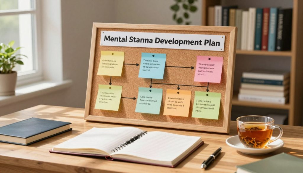 A serene, well-organized workspace illustrating a "Mental Stamina Development Plan". In the foreground, a wooden desk is adorned with neatly arranged notebooks, a pen, and a cup of herbal tea. In the middle, a large corkboard displays colorful sticky notes with motivational quotes and a flowchart outlining steps to build mental stamina. Gentle sunlight filters in through a window, casting soft shadows on the desk. The background features a bookshelf filled with psychology books and plants, adding a touch of nature. The overall mood is calm and inspiring, inviting focus and clarity. The image should convey professionalism and a sense of progression without any text or distractions. A serene, well-organized workspace illustrating a "Mental Stamina Development Plan". In the foreground, a wooden desk is adorned with neatly arranged notebooks, a pen, and a cup of herbal tea. In the middle, a large corkboard displays colorful sticky notes with motivational quotes and a flowchart outlining steps to build mental stamina. Gentle sunlight filters in through a window, casting soft shadows on the desk. The background features a bookshelf filled with psychology books and plants, adding a touch of nature. The overall mood is calm and inspiring, inviting focus and clarity. The image should convey professionalism and a sense of progression without any text or distractions.