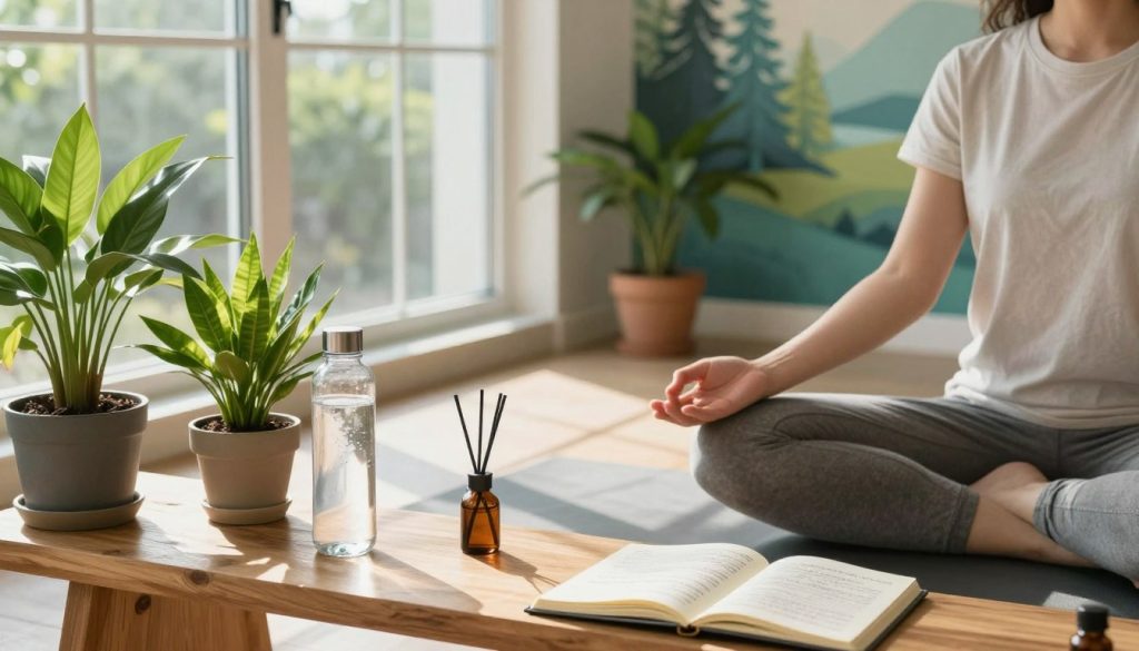 A serene wellness space showcasing a variety of vitality enhancement tips. In the foreground, a wooden meditation bench with a person in modest casual clothing, practicing mindfulness. Surrounding the bench are vibrant potted plants, a crystal water bottle, and an open wellness journal filled with handwritten notes. In the middle, beautiful natural light streams through large windows, illuminating a yoga mat and essential oil diffuser. The background features a calming wall mural depicting serene nature scenes, enhancing the holistic atmosphere. Soft, diffused lighting casts gentle shadows, creating a tranquil mood. The angle captures both the person in focus and the inviting environment, emphasizing the concept of personal wellness practice and vitality enhancement. A serene wellness space showcasing a variety of vitality enhancement tips. In the foreground, a wooden meditation bench with a person in modest casual clothing, practicing mindfulness. Surrounding the bench are vibrant potted plants, a crystal water bottle, and an open wellness journal filled with handwritten notes. In the middle, beautiful natural light streams through large windows, illuminating a yoga mat and essential oil diffuser. The background features a calming wall mural depicting serene nature scenes, enhancing the holistic atmosphere. Soft, diffused lighting casts gentle shadows, creating a tranquil mood. The angle captures both the person in focus and the inviting environment, emphasizing the concept of personal wellness practice and vitality enhancement.