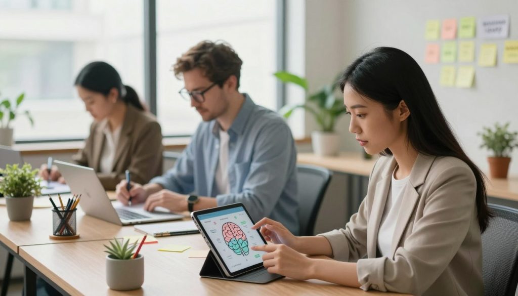 A serene workspace focused on cognitive training, featuring a diverse group of three individuals in professional attire engaged in focused activities. In the foreground, a young woman of Asian descent is concentrating on a brain training app on her tablet, showcasing determination. In the middle, a Caucasian man in glasses is writing notes while surrounded by motivational post-it reminders. The background includes a large window allowing soft, natural light to enter the room, complemented by potted plants that inspire tranquility. The atmosphere is calm yet productive, inviting viewers to feel inspired to enhance their focus skills. The lens captures this scene at a slight angle to create depth, highlighting the clarity and purpose of the training environment. A serene workspace focused on cognitive training, featuring a diverse group of three individuals in professional attire engaged in focused activities. In the foreground, a young woman of Asian descent is concentrating on a brain training app on her tablet, showcasing determination. In the middle, a Caucasian man in glasses is writing notes while surrounded by motivational post-it reminders. The background includes a large window allowing soft, natural light to enter the room, complemented by potted plants that inspire tranquility. The atmosphere is calm yet productive, inviting viewers to feel inspired to enhance their focus skills. The lens captures this scene at a slight angle to create depth, highlighting the clarity and purpose of the training environment.