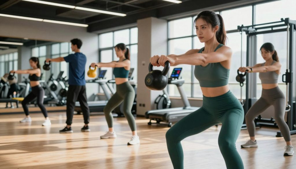 A sleek and modern fitness studio, where a diverse group of individuals are engaged in various fat metabolism optimization exercises, showcasing peak performance. In the foreground, a focused woman in athletic wear is performing a kettlebell swing, her expression determined, exuding strength and energy. In the middle ground, another person is monitoring heart rate metrics on a digital device, surrounded by high-tech fitness equipment. The background reveals large windows, allowing natural light to flood the space, casting soft shadows on the polished wooden floor. The atmosphere is vibrant and motivational, with a balanced color palette of greens and blues, emphasizing health and vitality. The scene is captured from a low angle to highlight the intensity of their efforts while maintaining a clean and professional aesthetic. A sleek and modern fitness studio, where a diverse group of individuals are engaged in various fat metabolism optimization exercises, showcasing peak performance. In the foreground, a focused woman in athletic wear is performing a kettlebell swing, her expression determined, exuding strength and energy. In the middle ground, another person is monitoring heart rate metrics on a digital device, surrounded by high-tech fitness equipment. The background reveals large windows, allowing natural light to flood the space, casting soft shadows on the polished wooden floor. The atmosphere is vibrant and motivational, with a balanced color palette of greens and blues, emphasizing health and vitality. The scene is captured from a low angle to highlight the intensity of their efforts while maintaining a clean and professional aesthetic.