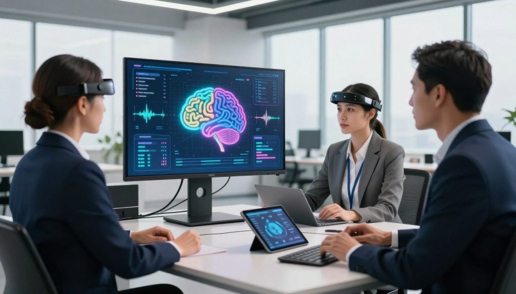 A sleek and modern workspace featuring a high-tech cognitive performance assessment setup. In the foreground, a diverse group of three professionals—two men and one woman—dressed in smart business attire, intently interacting with a large digital screen displaying colorful brainwave patterns and metrics. The middle ground showcases ergonomic workstations with advanced gadgets like EEG headsets and tablets. The background is a bright, open environment with large windows letting in soft, natural light, creating an inspiring atmosphere. The overall mood is focused yet innovative, emphasizing the importance of assessing cognitive abilities in a sophisticated and engaging manner. The scene is captured with a slight angle to provide depth, using soft focus on the surroundings to highlight the professionals in action. A sleek and modern workspace featuring a high-tech cognitive performance assessment setup. In the foreground, a diverse group of three professionals—two men and one woman—dressed in smart business attire, intently interacting with a large digital screen displaying colorful brainwave patterns and metrics. The middle ground showcases ergonomic workstations with advanced gadgets like EEG headsets and tablets. The background is a bright, open environment with large windows letting in soft, natural light, creating an inspiring atmosphere. The overall mood is focused yet innovative, emphasizing the importance of assessing cognitive abilities in a sophisticated and engaging manner. The scene is captured with a slight angle to provide depth, using soft focus on the surroundings to highlight the professionals in action.