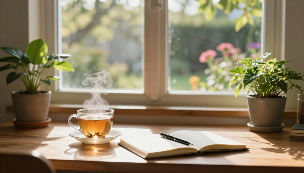 A tranquil morning scene capturing the essence of natural light filtering through a window, casting soft, warm highlights across a cozy workspace. In the foreground, a neatly arranged desk features a steaming cup of herbal tea, an open notebook with a pen, and vibrant green potted plants. The middle ground showcases gentle rays of sunlight illuminating the wooden texture of the desk, creating a serene ambiance. In the background, a blurred view of a sunlit garden can be seen, with flowers in full bloom and trees swaying lightly in a soft breeze. The overall mood is uplifting and energizing, conveying a sense of calm focus and readiness to embrace the day ahead. The lighting should be warm and inviting, ideal for a fresh start. A tranquil morning scene capturing the essence of natural light filtering through a window, casting soft, warm highlights across a cozy workspace. In the foreground, a neatly arranged desk features a steaming cup of herbal tea, an open notebook with a pen, and vibrant green potted plants. The middle ground showcases gentle rays of sunlight illuminating the wooden texture of the desk, creating a serene ambiance. In the background, a blurred view of a sunlit garden can be seen, with flowers in full bloom and trees swaying lightly in a soft breeze. The overall mood is uplifting and energizing, conveying a sense of calm focus and readiness to embrace the day ahead. The lighting should be warm and inviting, ideal for a fresh start.