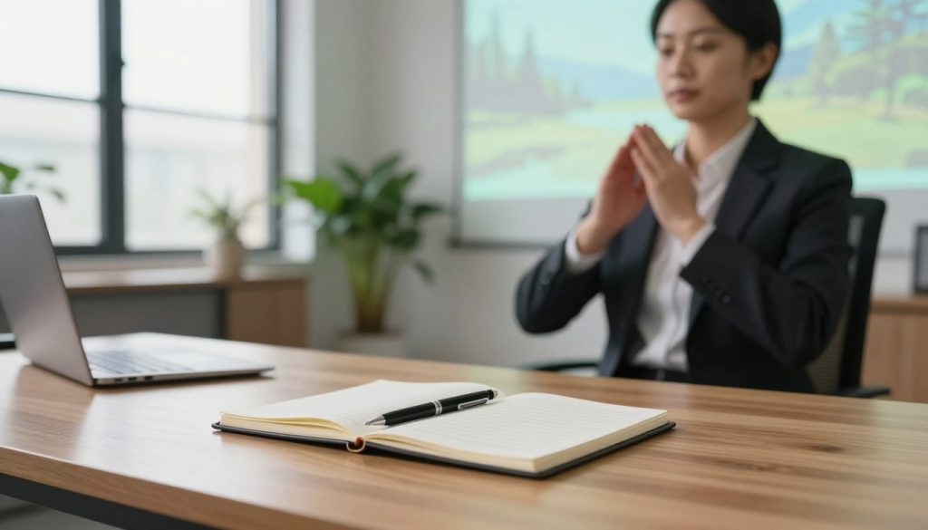 A tranquil office space designed for focus training, featuring a sleek wooden desk in the foreground with a neatly arranged notebook and a high-quality pen. In the middle, a person dressed in professional business attire is practicing focus techniques, using a visualization exercise with tranquil nature scenery projected on a nearby wall. The background reveals large windows with soft, natural light streaming in, creating a calm atmosphere. The room is adorned with green plants, emphasizing relaxation and clarity. A soft bokeh effect highlights the subject while maintaining sharpness on the desk items, creating a serene and focused mood, ideal for boosting clarity and concentration. A tranquil office space designed for focus training, featuring a sleek wooden desk in the foreground with a neatly arranged notebook and a high-quality pen. In the middle, a person dressed in professional business attire is practicing focus techniques, using a visualization exercise with tranquil nature scenery projected on a nearby wall. The background reveals large windows with soft, natural light streaming in, creating a calm atmosphere. The room is adorned with green plants, emphasizing relaxation and clarity. A soft bokeh effect highlights the subject while maintaining sharpness on the desk items, creating a serene and focused mood, ideal for boosting clarity and concentration.