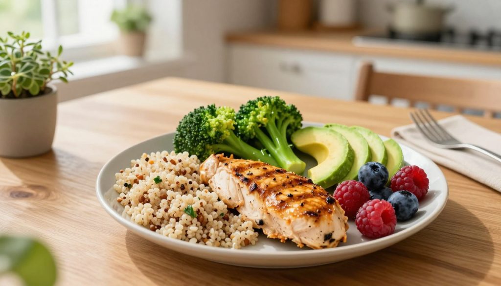 A vibrant and organized meal plate showcasing a hormonal balance diet plan, featuring colorful portions of lean proteins, whole grains, fresh vegetables, healthy fats, and fruits. In the foreground, visualize a beautifully arranged plate with grilled chicken, quinoa, steamed broccoli, avocado slices, and berries. In the middle ground, include a wooden table set with elegant tableware and a small plant for a touch of nature. The background should have a softly lit kitchen ambiance with herbs in pots and light coming from a window. Use natural lighting to create a warm and inviting atmosphere. The angle should be a dynamic overhead shot, emphasizing the meal's structure, promoting the idea of balance and health in nutrition for hormonal wellness.