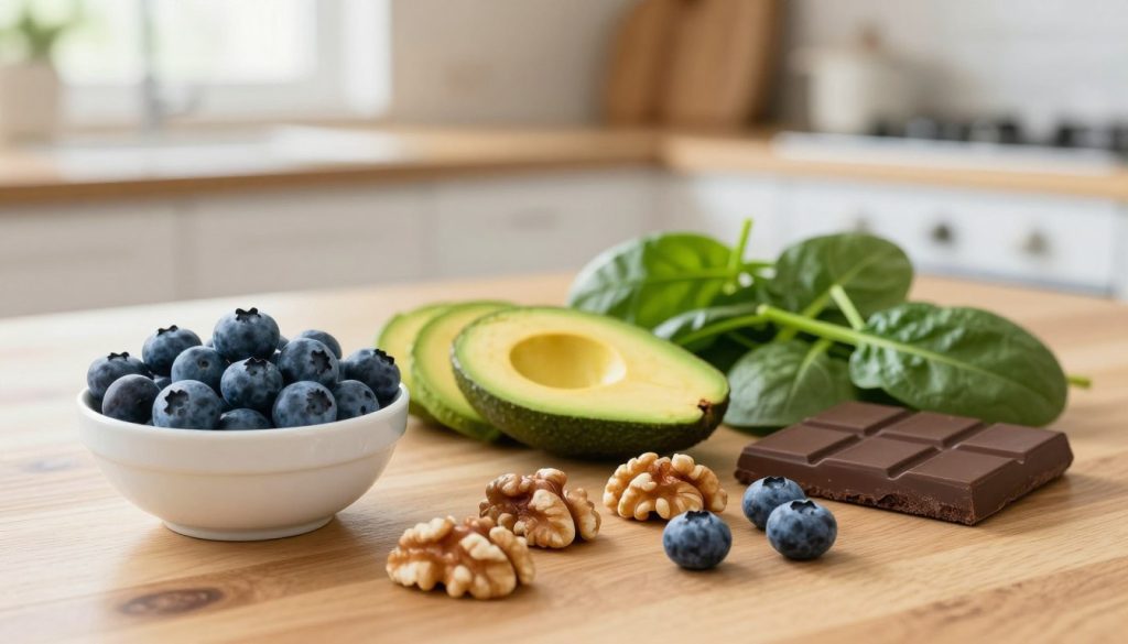 A vibrant and visually appealing arrangement of brain-boosting foods, including blueberries, walnuts, avocados, spinach, and dark chocolate, beautifully displayed on a wooden table. In the foreground, a small bowl of vibrant blueberries bursts with color, while a handful of walnuts is scattered artfully beside it. The middle ground features sliced avocado and fresh spinach leaves arranged neatly. In the background, a soft-focus blend of an inviting kitchen with natural light streaming in through a window creates a warm and healthy atmosphere. The scene is illuminated with soft, diffused light highlighting the textures of the foods, captured with a shallow depth of field for a crisp and inviting look, evoking a sense of vitality and mental clarity. A vibrant and visually appealing arrangement of brain-boosting foods, including blueberries, walnuts, avocados, spinach, and dark chocolate, beautifully displayed on a wooden table. In the foreground, a small bowl of vibrant blueberries bursts with color, while a handful of walnuts is scattered artfully beside it. The middle ground features sliced avocado and fresh spinach leaves arranged neatly. In the background, a soft-focus blend of an inviting kitchen with natural light streaming in through a window creates a warm and healthy atmosphere. The scene is illuminated with soft, diffused light highlighting the textures of the foods, captured with a shallow depth of field for a crisp and inviting look, evoking a sense of vitality and mental clarity.