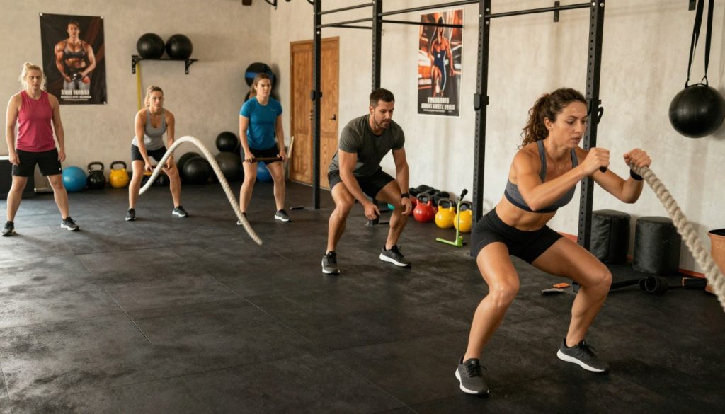 A vibrant gym environment showcasing a diverse group of individuals engaged in metabolic flexibility exercises. In the foreground, a fit woman in modest athletic wear performs a high-intensity interval training (HIIT) move, showcasing her strength and focus. Next to her, a man energetically completing a jump squat, while another individual uses a battle rope in a dynamic motion. The middle ground features a variety of fitness equipment including kettlebells, medicine balls, and resistance bands. The background displays motivational posters on the walls, enhancing the energetic atmosphere. Warm, natural lighting floods the space, creating an inviting ambiance. The camera angle is slightly elevated to capture the action and intensity, emphasizing movement and determination. A vibrant gym environment showcasing a diverse group of individuals engaged in metabolic flexibility exercises. In the foreground, a fit woman in modest athletic wear performs a high-intensity interval training (HIIT) move, showcasing her strength and focus. Next to her, a man energetically completing a jump squat, while another individual uses a battle rope in a dynamic motion. The middle ground features a variety of fitness equipment including kettlebells, medicine balls, and resistance bands. The background displays motivational posters on the walls, enhancing the energetic atmosphere. Warm, natural lighting floods the space, creating an inviting ambiance. The camera angle is slightly elevated to capture the action and intensity, emphasizing movement and determination.