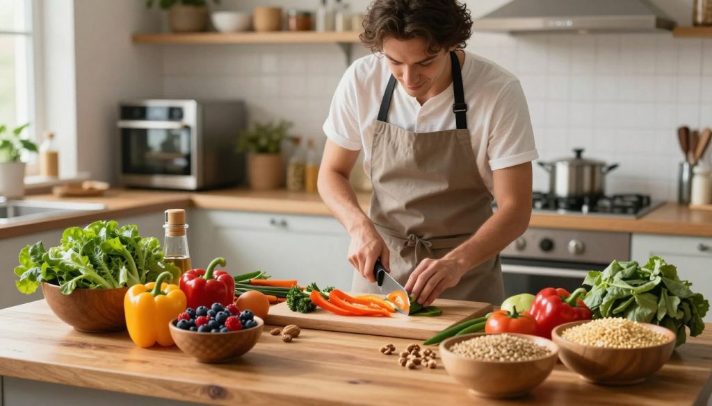 A vibrant kitchen scene showcasing a balanced insulin sensitivity diet. In the foreground, a well-organized wooden table is filled with colorful, whole foods: fresh leafy greens, vibrant bell peppers, berries, nuts, and whole grains, all artfully arranged in rustic bowls. In the middle, a considerate home cook, dressed in a professional kitchen apron, prepares a nutritious meal, attentively chopping vegetables with smart kitchen tools. The background features sleek kitchen appliances and a window with warm, natural light flooding in, enhancing the inviting atmosphere. The mood is hopeful and motivating, emphasizing the importance of healthy eating for optimizing insulin sensitivity. Use a soft focus on the background to draw attention to the foreground activities, capturing an inspiring and educational moment in dietary health.