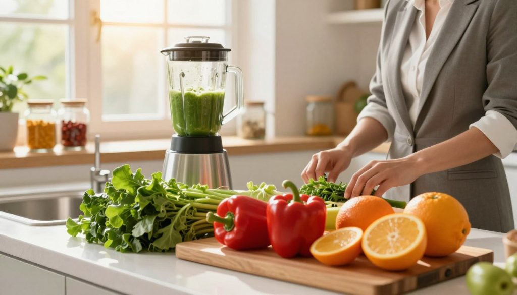 A vibrant kitchen scene showcasing fresh, colorful ingredients tied to natural metabolism boosters. In the foreground, a wooden cutting board is filled with green leafy vegetables, bright red bell peppers, and juicy citrus fruits. In the middle, a well-organized countertop includes a blender blending a green smoothie, alongside jars of spices like turmeric and cayenne pepper. The background features large windows allowing warm, natural sunlight to flood the space, creating a cheerful and inviting atmosphere. A person in professional business attire, engaged in meal prep, adds an element of focus and purpose. The overall mood is energetic and health-conscious, emphasizing nutrition as a key strategy for enhancing metabolic efficiency. A vibrant kitchen scene showcasing fresh, colorful ingredients tied to natural metabolism boosters. In the foreground, a wooden cutting board is filled with green leafy vegetables, bright red bell peppers, and juicy citrus fruits. In the middle, a well-organized countertop includes a blender blending a green smoothie, alongside jars of spices like turmeric and cayenne pepper. The background features large windows allowing warm, natural sunlight to flood the space, creating a cheerful and inviting atmosphere. A person in professional business attire, engaged in meal prep, adds an element of focus and purpose. The overall mood is energetic and health-conscious, emphasizing nutrition as a key strategy for enhancing metabolic efficiency.