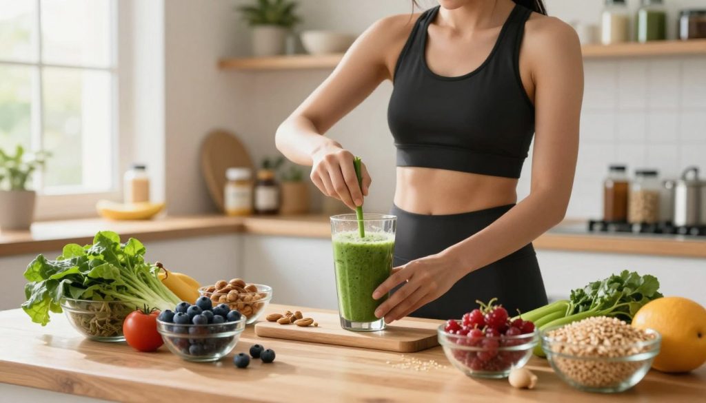 A vibrant kitchen setting filled with fresh, colorful foods representing energy optimization for a healthy lifestyle. In the foreground, a wooden table displays an array of nutritious ingredients: leafy greens, berries, nuts, and whole grains, artfully arranged on glass bowls. The middle ground features a fit individual in professional athletic attire, enthusiastically blending a green smoothie, showcasing a focus on physical energy. The background includes softly blurred shelves stocked with various health supplements and a window streaming natural sunlight, creating a warm, inviting atmosphere. The composition conveys a sense of vitality and motivation, encouraging an energetic approach to nutrition. The lighting is bright and uplifting, enhancing the colors of the food while maintaining a clean and modern aesthetic. A vibrant kitchen setting filled with fresh, colorful foods representing energy optimization for a healthy lifestyle. In the foreground, a wooden table displays an array of nutritious ingredients: leafy greens, berries, nuts, and whole grains, artfully arranged on glass bowls. The middle ground features a fit individual in professional athletic attire, enthusiastically blending a green smoothie, showcasing a focus on physical energy. The background includes softly blurred shelves stocked with various health supplements and a window streaming natural sunlight, creating a warm, inviting atmosphere. The composition conveys a sense of vitality and motivation, encouraging an energetic approach to nutrition. The lighting is bright and uplifting, enhancing the colors of the food while maintaining a clean and modern aesthetic.