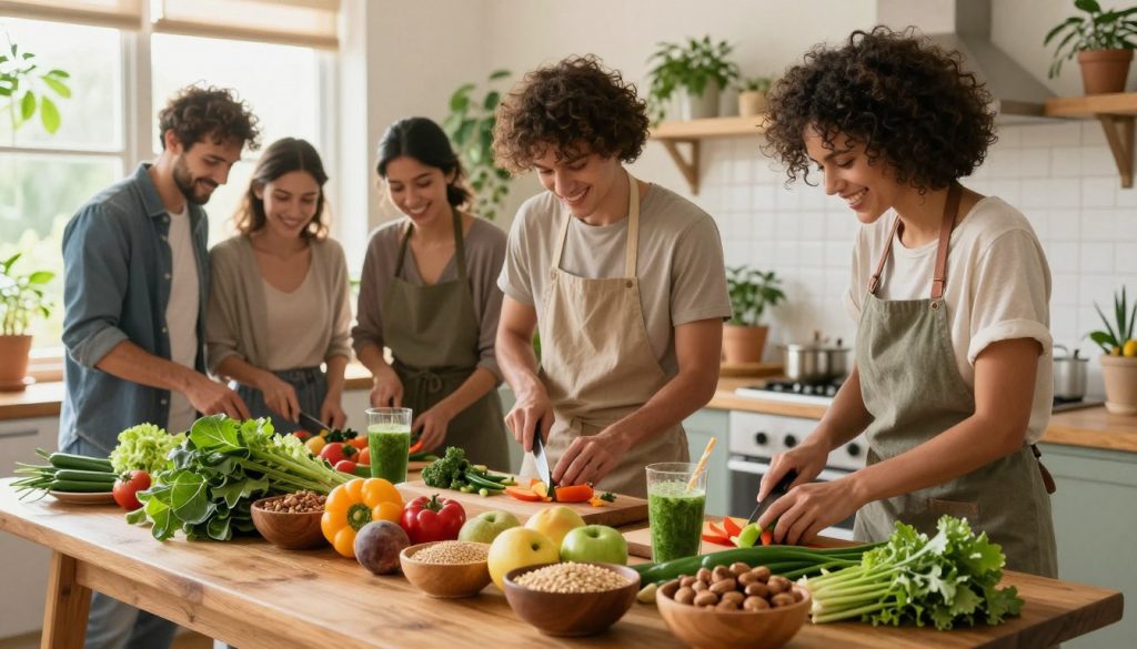 A vibrant kitchen setting filled with fresh, organic produce. In the foreground, a wooden table showcases a colorful array of eco-friendly foods: leafy greens, colorful fruits, grains, and nuts, beautifully arranged in rustic bowls. In the middle, a diverse group of individuals in modest casual clothing joyfully prepares a nutritious meal, highlighting teamwork and connection with nature. They are engaged in slicing vegetables or blending smoothies, with smiles reflecting the joy of healthy eating. In the background, sunlight streams through a window, casting a warm, inviting glow on indoor plants and a herb garden, enhancing the overall mood of sustainability and vitality. The atmosphere is fresh, lively, and inspiring, promoting a sense of healthy living and ecological mindfulness. A vibrant kitchen setting filled with fresh, organic produce. In the foreground, a wooden table showcases a colorful array of eco-friendly foods: leafy greens, colorful fruits, grains, and nuts, beautifully arranged in rustic bowls. In the middle, a diverse group of individuals in modest casual clothing joyfully prepares a nutritious meal, highlighting teamwork and connection with nature. They are engaged in slicing vegetables or blending smoothies, with smiles reflecting the joy of healthy eating. In the background, sunlight streams through a window, casting a warm, inviting glow on indoor plants and a herb garden, enhancing the overall mood of sustainability and vitality. The atmosphere is fresh, lively, and inspiring, promoting a sense of healthy living and ecological mindfulness.