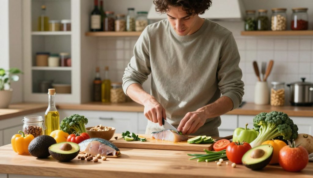 A vibrant kitchen setting showcasing a diverse spread of ketogenic-friendly foods, such as avocados, nuts, fatty fish, and colorful vegetables beautifully arranged on a wooden table in the foreground. In the middle, a focused individual in casual attire is skillfully preparing a meal, highlighting the active involvement in the ketogenic diet process. The background features a softly lit, organized pantry with shelves stocked with oils, spices, and containers of keto ingredients, emitting a warm and inviting atmosphere. The overall mood is motivating and inspiring, with natural light flooding the scene, casting gentle shadows, and drawing attention to the healthy lifestyle transition portrayed. The composition is captured with a slight depth of field, emphasizing the subject and foods while subtly blurring the background for a professional look. A vibrant kitchen setting showcasing a diverse spread of ketogenic-friendly foods, such as avocados, nuts, fatty fish, and colorful vegetables beautifully arranged on a wooden table in the foreground. In the middle, a focused individual in casual attire is skillfully preparing a meal, highlighting the active involvement in the ketogenic diet process. The background features a softly lit, organized pantry with shelves stocked with oils, spices, and containers of keto ingredients, emitting a warm and inviting atmosphere. The overall mood is motivating and inspiring, with natural light flooding the scene, casting gentle shadows, and drawing attention to the healthy lifestyle transition portrayed. The composition is captured with a slight depth of field, emphasizing the subject and foods while subtly blurring the background for a professional look.