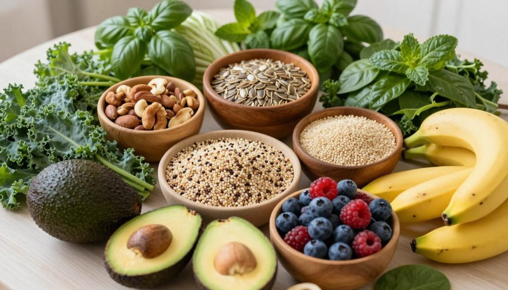 A vibrant table spread filled with colorful foods known for hormone balancing. In the foreground, a variety of fresh fruits like avocados, berries, and bananas alongside leafy greens like kale and spinach. The middle ground features a selection of nuts and seeds in wooden bowls, with whole grains like quinoa and brown rice artistically arranged. The background showcases herbs like basil and mint, adding a hint of green freshness. Soft, natural lighting illuminates the scene, creating a warm and inviting atmosphere. An overhead angle captures the layout, enhancing the visual appeal of these nutritious foods, promoting a sense of health and well-being, suitable for the theme of balanced nutrition.