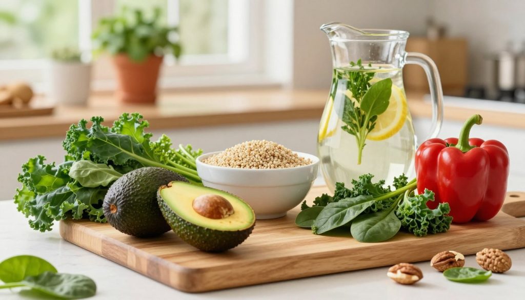 A vibrant, well-styled kitchen scene featuring an array of hormone-balancing foods. In the foreground, a wooden cutting board displays fresh avocados, organic leafy greens like kale and spinach, bright red bell peppers, and nuts, all arranged artfully. In the middle ground, there is a bowl of quinoa and a pitcher of infused water with lemon and herbs, emphasizing a healthy lifestyle. The background features soft-focus kitchen elements, like potted herbs and natural light streaming through a window, creating a warm, inviting atmosphere. The mood is energetic and wholesome, with bright colors and soft shadows that enhance the feeling of health and vitality. The composition is well-balanced, showcasing these foods as essential components of a balanced diet.