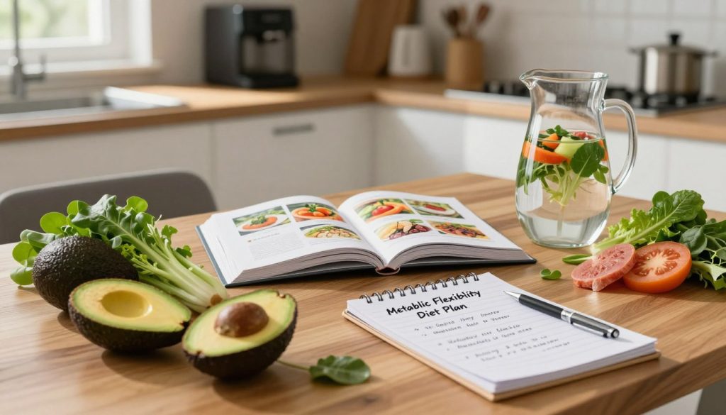 A visually appealing layout of a "Metabolic Flexibility Diet Plan" displayed on a sleek wooden table in a modern kitchen. In the foreground, colorful, nutritious foods like avocados, leafy greens, and lean proteins are artistically arranged next to a notepad filled with handwritten dietary notes. In the middle ground, a stylish, open cookbook showcases vibrant meal options, while a glass pitcher filled with infused water adds a refreshing touch. The background features softly blurred kitchen appliances, with warm, natural light streaming in from a nearby window, creating an inviting atmosphere. The overall mood is one of health, vitality, and organization, perfect for those looking to enhance their metabolic flexibility through diet. A visually appealing layout of a "Metabolic Flexibility Diet Plan" displayed on a sleek wooden table in a modern kitchen. In the foreground, colorful, nutritious foods like avocados, leafy greens, and lean proteins are artistically arranged next to a notepad filled with handwritten dietary notes. In the middle ground, a stylish, open cookbook showcases vibrant meal options, while a glass pitcher filled with infused water adds a refreshing touch. The background features softly blurred kitchen appliances, with warm, natural light streaming in from a nearby window, creating an inviting atmosphere. The overall mood is one of health, vitality, and organization, perfect for those looking to enhance their metabolic flexibility through diet.
