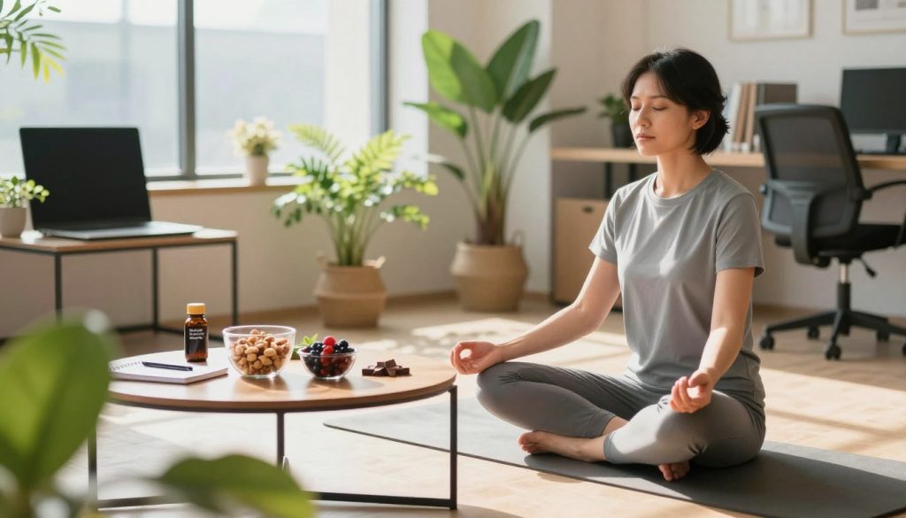 A visually captivating scene illustrating a "Brain Energy Enhancement Routine" in a bright, modern office environment. In the foreground, a professional individual in smart casual clothing, engaged in focused meditation while seated on a yoga mat, surrounded by vibrant indoor plants. In the middle, a small coffee table displays a selection of brain-boosting snacks like nuts, berries, and dark chocolate, alongside a notebook and a pen. In the background, large windows let in warm, natural light, emphasizing a tranquil atmosphere with soft shadows. The mood is serene yet energizing, showcasing a harmonious workspace that encourages mental clarity and focus. The viewpoint is at a slight angle, highlighting the individual’s serene expression and the inviting space around them. A visually captivating scene illustrating a "Brain Energy Enhancement Routine" in a bright, modern office environment. In the foreground, a professional individual in smart casual clothing, engaged in focused meditation while seated on a yoga mat, surrounded by vibrant indoor plants. In the middle, a small coffee table displays a selection of brain-boosting snacks like nuts, berries, and dark chocolate, alongside a notebook and a pen. In the background, large windows let in warm, natural light, emphasizing a tranquil atmosphere with soft shadows. The mood is serene yet energizing, showcasing a harmonious workspace that encourages mental clarity and focus. The viewpoint is at a slight angle, highlighting the individual’s serene expression and the inviting space around them.