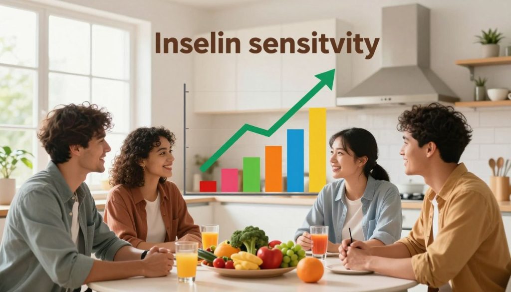 A visually engaging illustration depicting the benefits of insulin sensitivity for health. In the foreground, a diverse group of three individuals—two adults and a young adult—dressed in smart casual clothing, are engaged in a friendly conversation over a table filled with colorful, healthy foods like fruits and vegetables. In the middle, a dynamic graph showcasing rising levels of energy and vitality, represented by upward arrows and vibrant colors, emphasizes the positive impact of insulin sensitivity. The background features a bright, modern kitchen with warm, natural light streaming through large windows, creating an inviting atmosphere. The overall mood is uplifting and motivational, highlighting health and well-being, with a focus on the importance of optimizing insulin sensitivity for a healthier lifestyle.