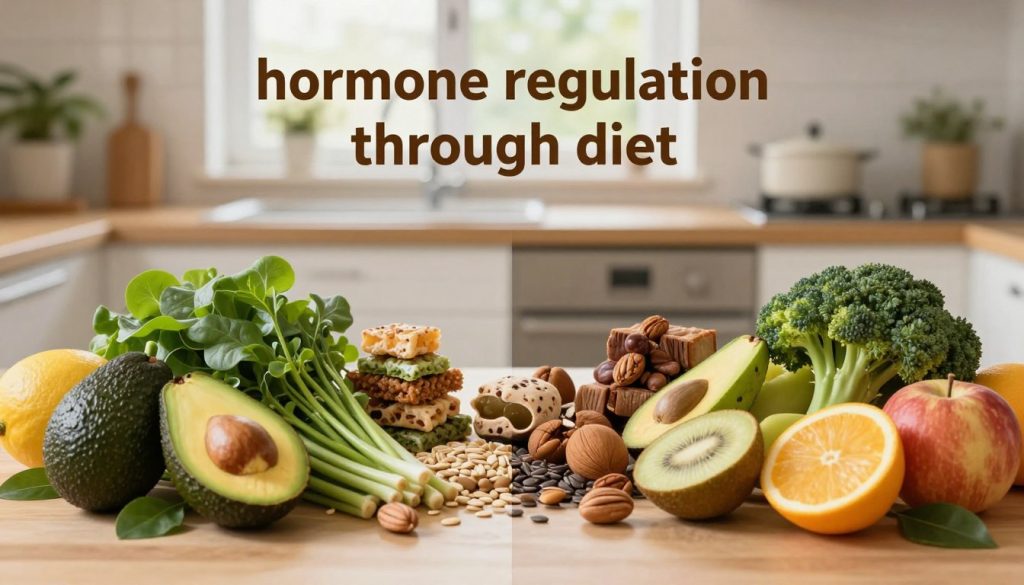 A visually striking composition illustrating "hormone regulation through diet." In the foreground, a variety of vibrant, fresh foods associated with hormone health—avocados, leafy greens, nuts, seeds, and fruits—are artfully arranged. The middle ground features a split scene: on one side, unhealthy foods like sugary snacks and processed items are depicted in dull, muted colors, conveying a sense of imbalance. The background showcases a serene kitchen setting with soft, natural light filtering through a window, enhancing the sense of comfort and warmth. A warm color palette dominates the scene, promoting a feeling of health and vitality. The image should evoke a sense of balance and harmony, symbolizing the connection between diet and hormonal health.