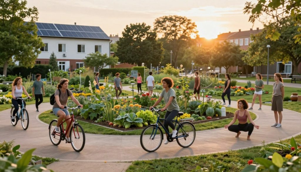 A well-lit urban park scene during sunset, showcasing an eco-friendly lifestyle. In the foreground, a diverse group of individuals, dressed in modest casual activewear, are engaged in various forms of low-carbon exercise: cycling, jogging, and practicing yoga. In the middle ground, a community garden flourishes with blooming plants and vegetables, symbolizing sustainable living. In the background, solar panels are visible on a nearby building, and trees line the pathways, enhancing the green atmosphere. The warm, golden light of the setting sun casts a calming glow over the scene, evoking a sense of harmony between nature and human activities. The overall mood is vibrant and uplifting, emphasizing the benefits of a low-carbon lifestyle. A well-lit urban park scene during sunset, showcasing an eco-friendly lifestyle. In the foreground, a diverse group of individuals, dressed in modest casual activewear, are engaged in various forms of low-carbon exercise: cycling, jogging, and practicing yoga. In the middle ground, a community garden flourishes with blooming plants and vegetables, symbolizing sustainable living. In the background, solar panels are visible on a nearby building, and trees line the pathways, enhancing the green atmosphere. The warm, golden light of the setting sun casts a calming glow over the scene, evoking a sense of harmony between nature and human activities. The overall mood is vibrant and uplifting, emphasizing the benefits of a low-carbon lifestyle.